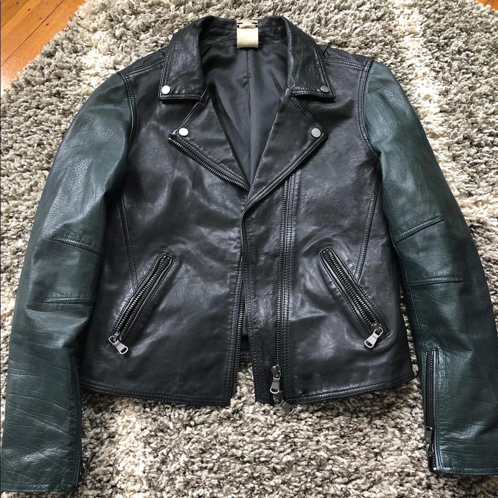 Baldwin green and black leather motorcycle jacket